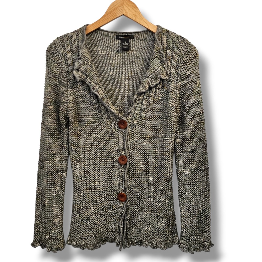 BCBGMAXAZRIA Cardigan Sweater M Marled Ruffle Wood Buttons Earthy Fairy Cottage